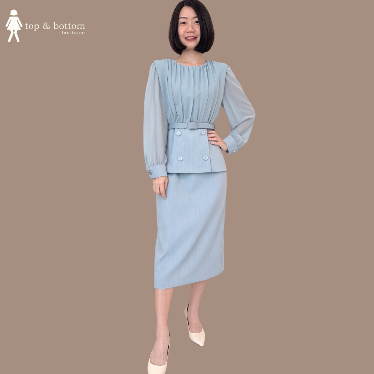 LONG SLEEVE MIX FABRIC PEPLUM PENCIL DRESS WITH BELT