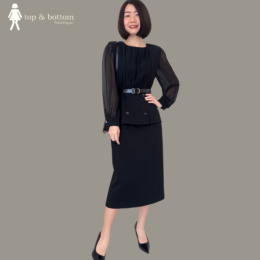 LONG SLEEVE MIX FABRIC PEPLUM PENCIL DRESS WITH BELT