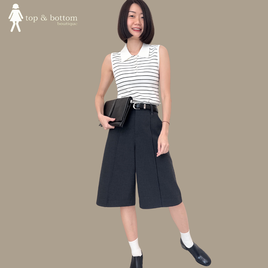 SLEEVELESS COLLARED BUTTON FRONT STRIPED KNIT BLOUSE