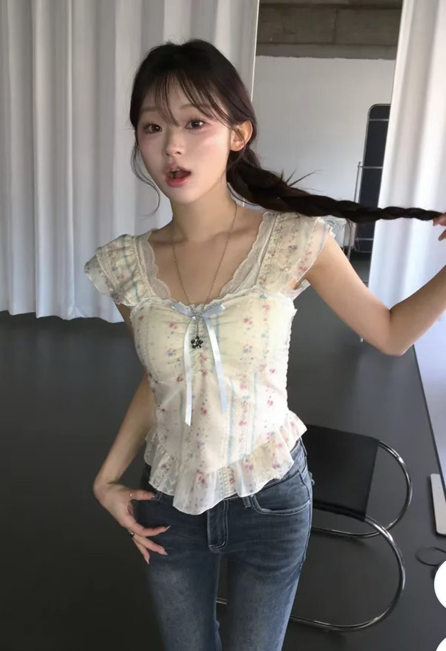 【預購】韓國代購 法式碎花 蕾絲蝴蝶結 芭蕾風 背心