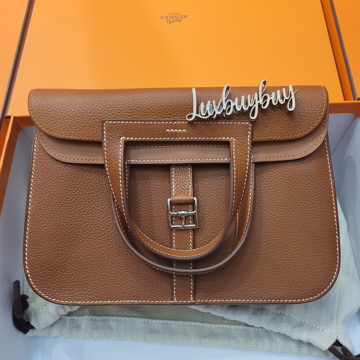 95%NEW Hermes HALZAN 25 barenia Gold CK 金棕色銀扣 馬鞍皮