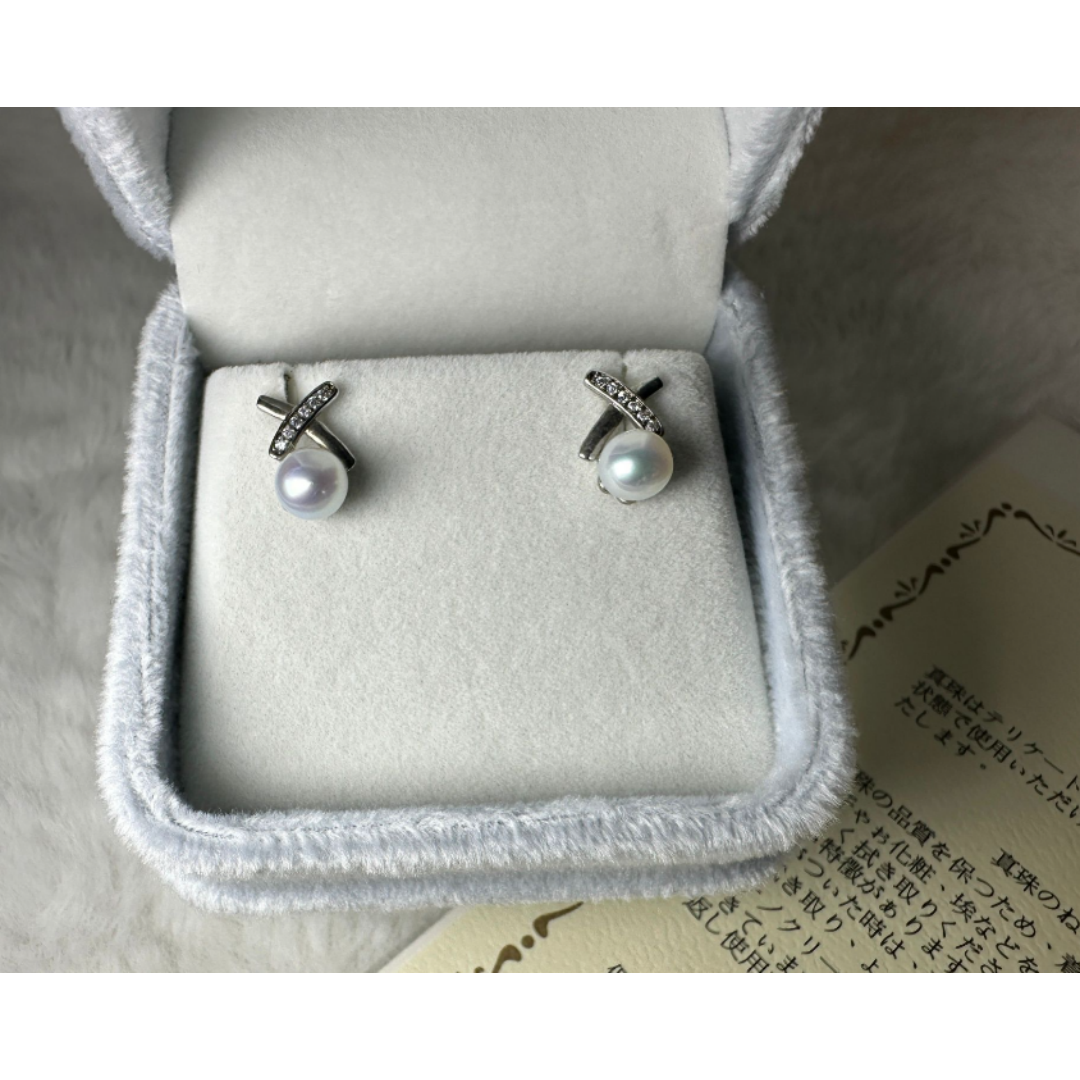 HKAG0502-016 日本AKOYA 海水珍珠耳環 交叉形 (S925) (銀) 灰藍光 5.5MM UP (A16)