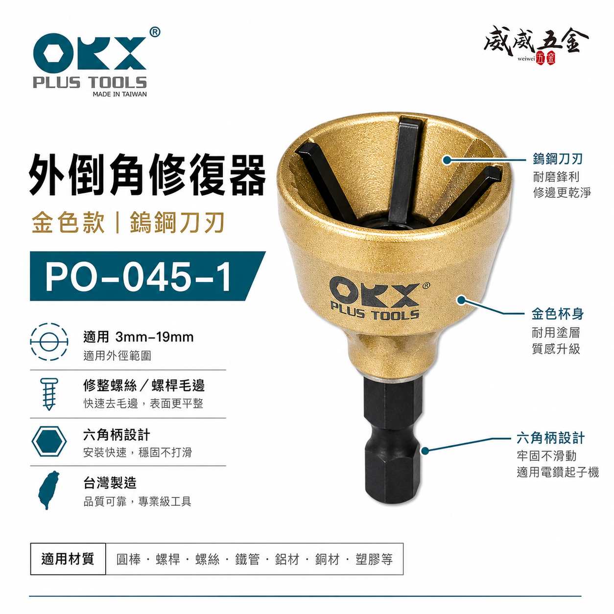 ORX 台灣製｜六角柄倒角器-鎢鋼刀刃｜3-19mm｜六角軸倒角刀 螺絲白鐵牙條不鏽鋼管鋼管毛邊刀｜ORIX｜PO-0319WT