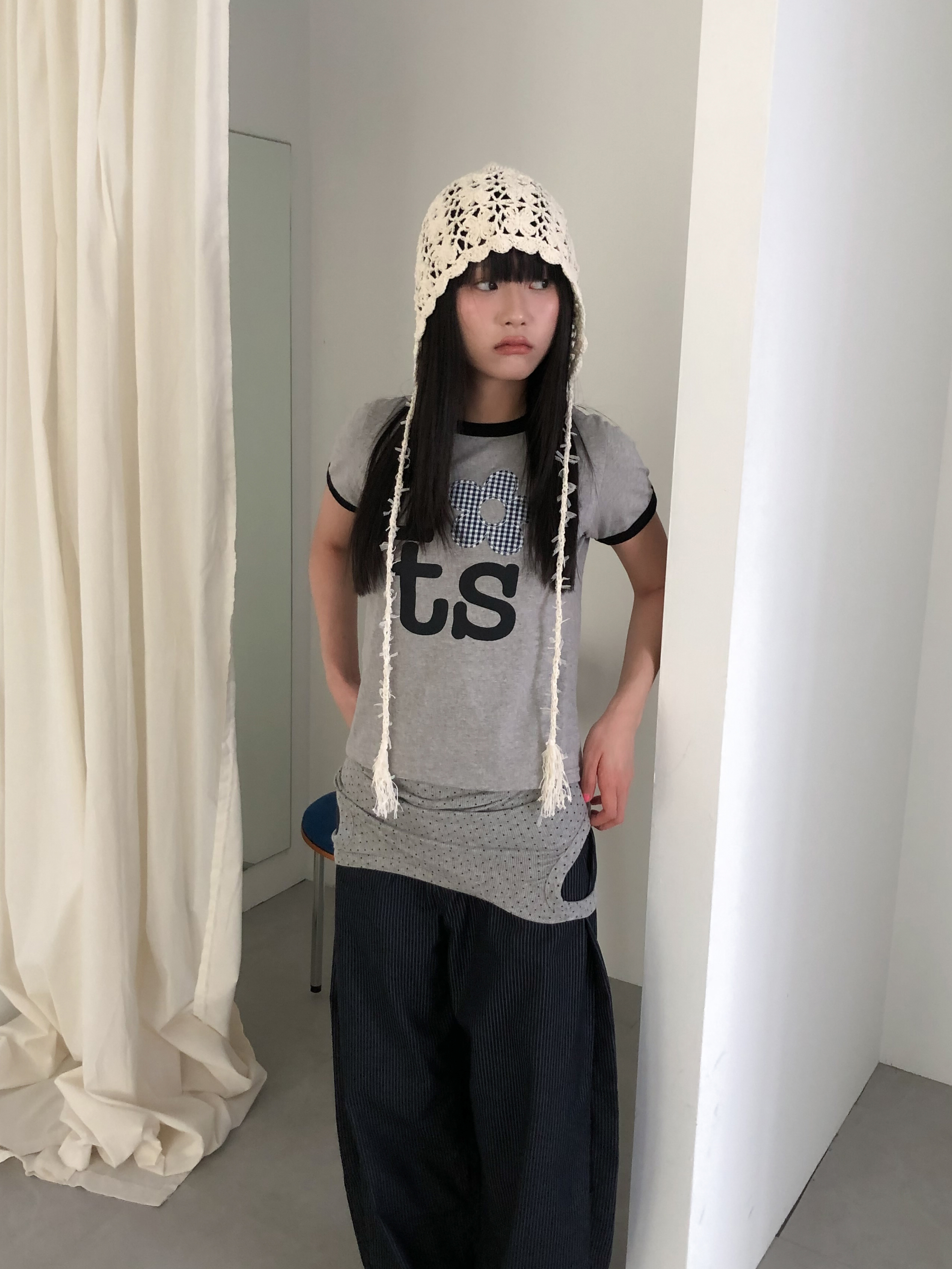 【discount】check flower crop t-shirt #上衣