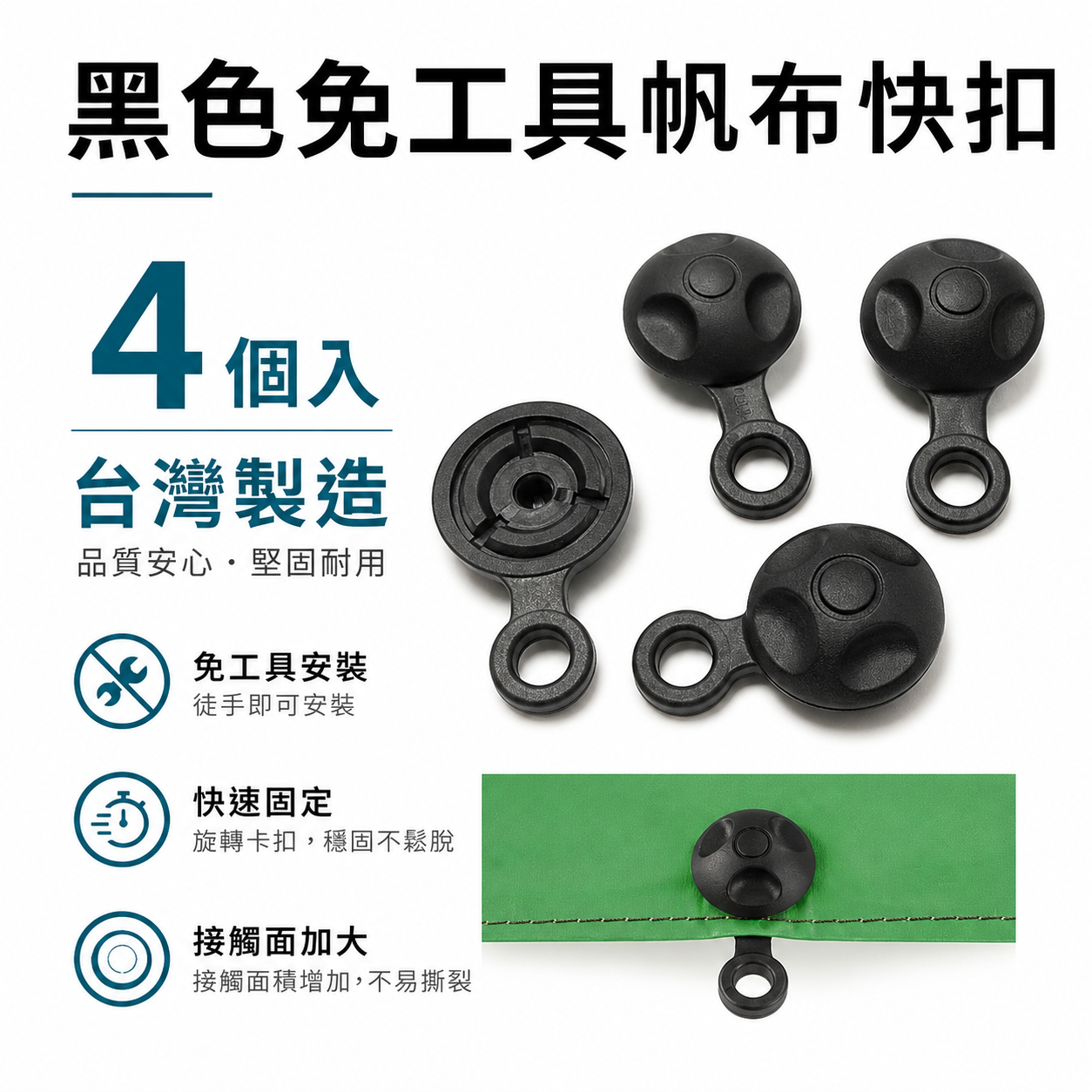 ORX｜塑膠帆布扣 帆布眼扣 雞眼扣 免打孔器 露營 修補帆布扣｜黑扣｜黑色免工具帆布快扣｜4個入｜台灣製