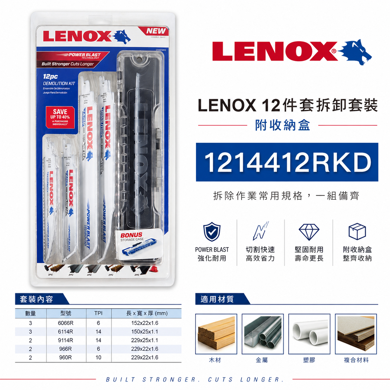 LENOX 美國 狼牌｜白狼 雙金屬軍刀鋸片 12片入 木工金屬用 切割片 切片｜1214412RKD｜附收納盒｜套裝組