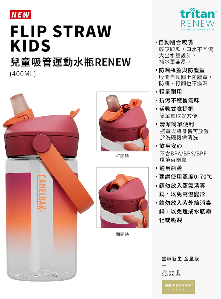【CAMELBAK】400ml Flip Straw咬嘴吸管水瓶RENEW( CB2860 )_商品描述