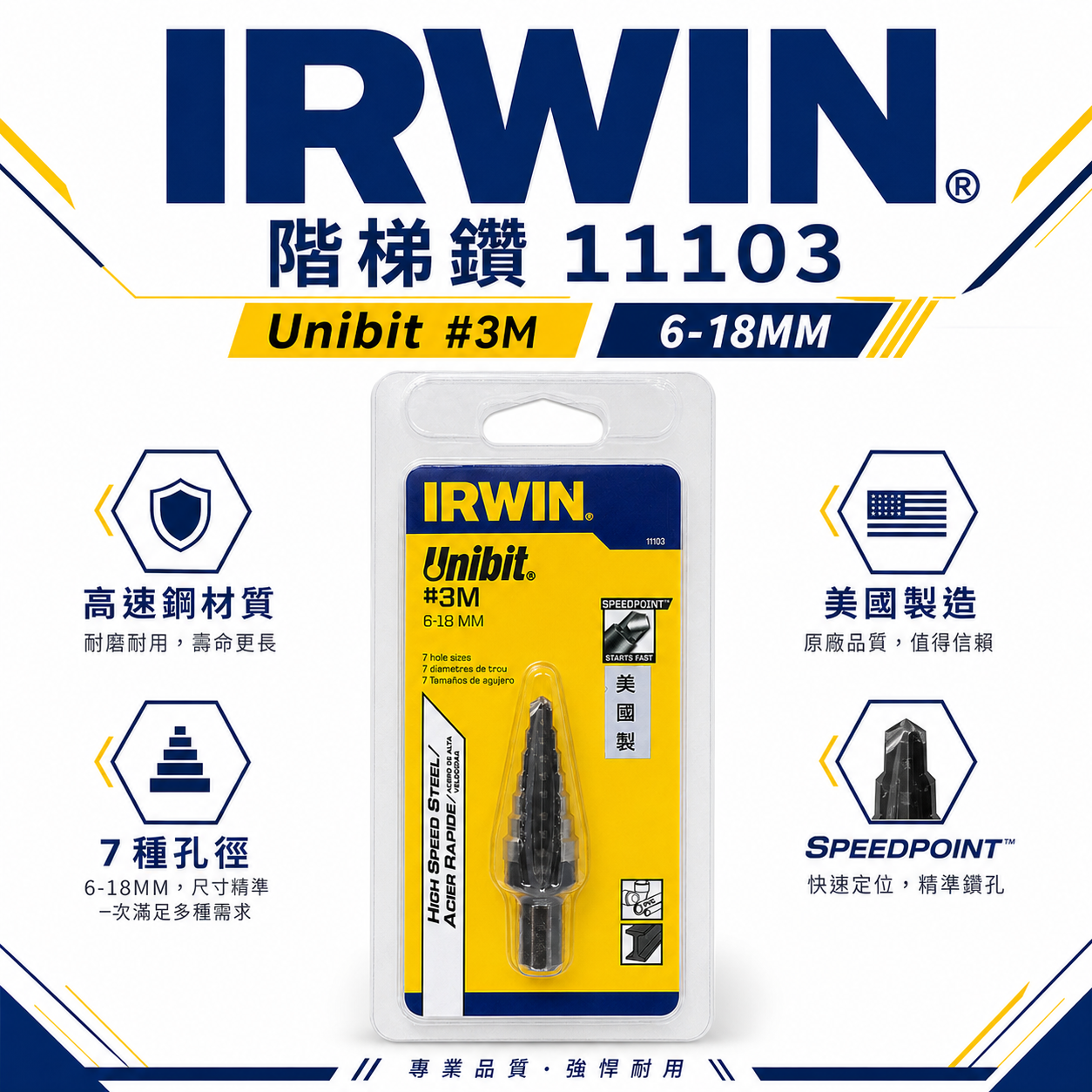 IRWIN 美國製 握手牌｜6-18mm 階梯鑽 7段 直柄階梯鑽頭 鑽孔鑽尾｜11103｜10502852