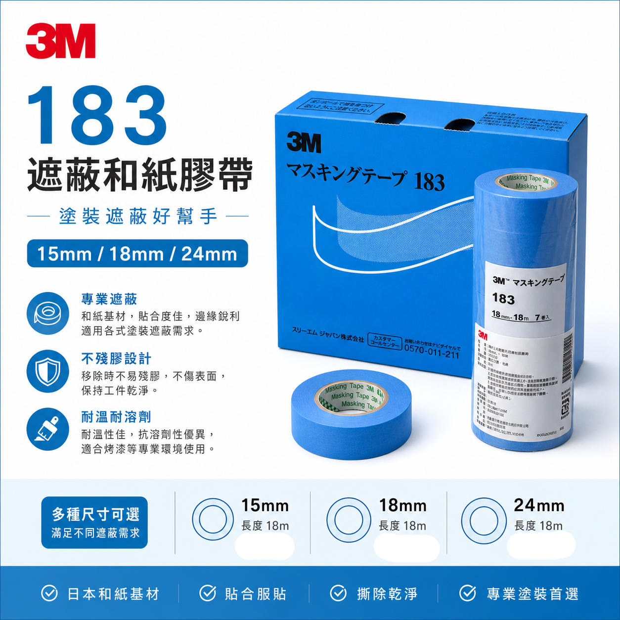 3M 183 日本製｜遮蔽膠帶 工業級美紋紙 輕黏不殘膠 撕除無痕 合紙｜油漆噴漆分色遮蔽 工業級極致遮蔽｜藍色｜零售