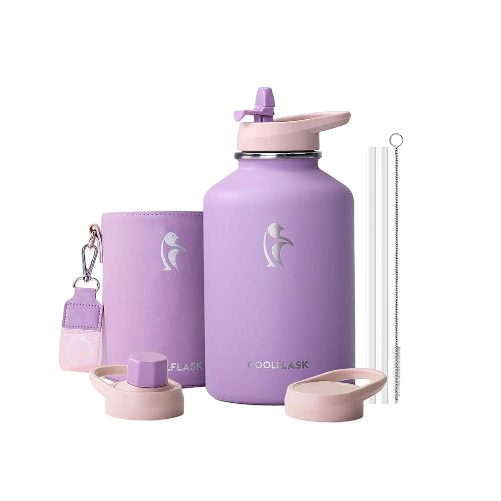 【Coolflask】64oz (1892ml) 真空絕緣不鏽鋼水壺 Compact Insulated Water Bottle with PU Leather Sleeve   紫