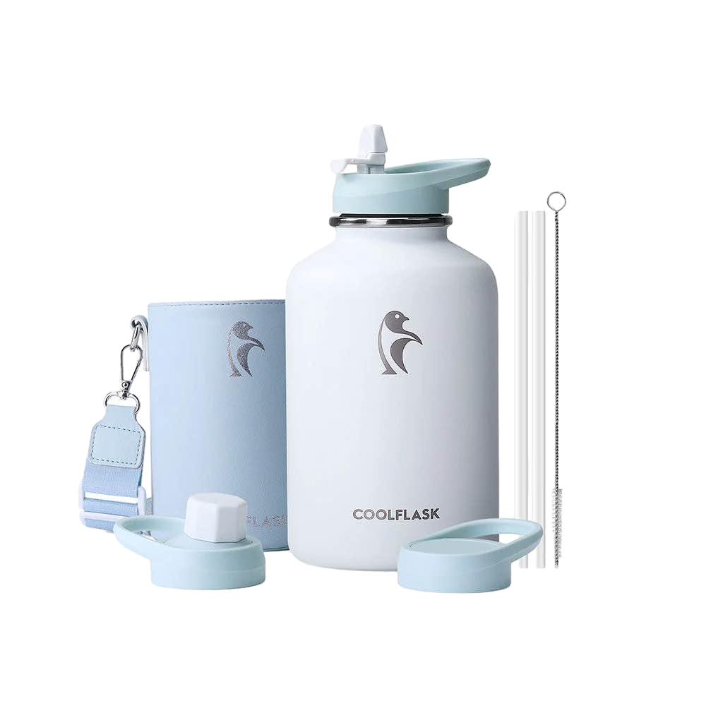 【Coolflask】64oz (1892ml) 真空絕緣不鏽鋼水壺 Compact Insulated Water Bottle with PU Leather Sleeve   白