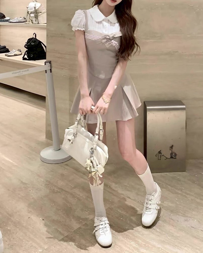 設計師家襯衫拼接收腰散擺假兩件洋裝