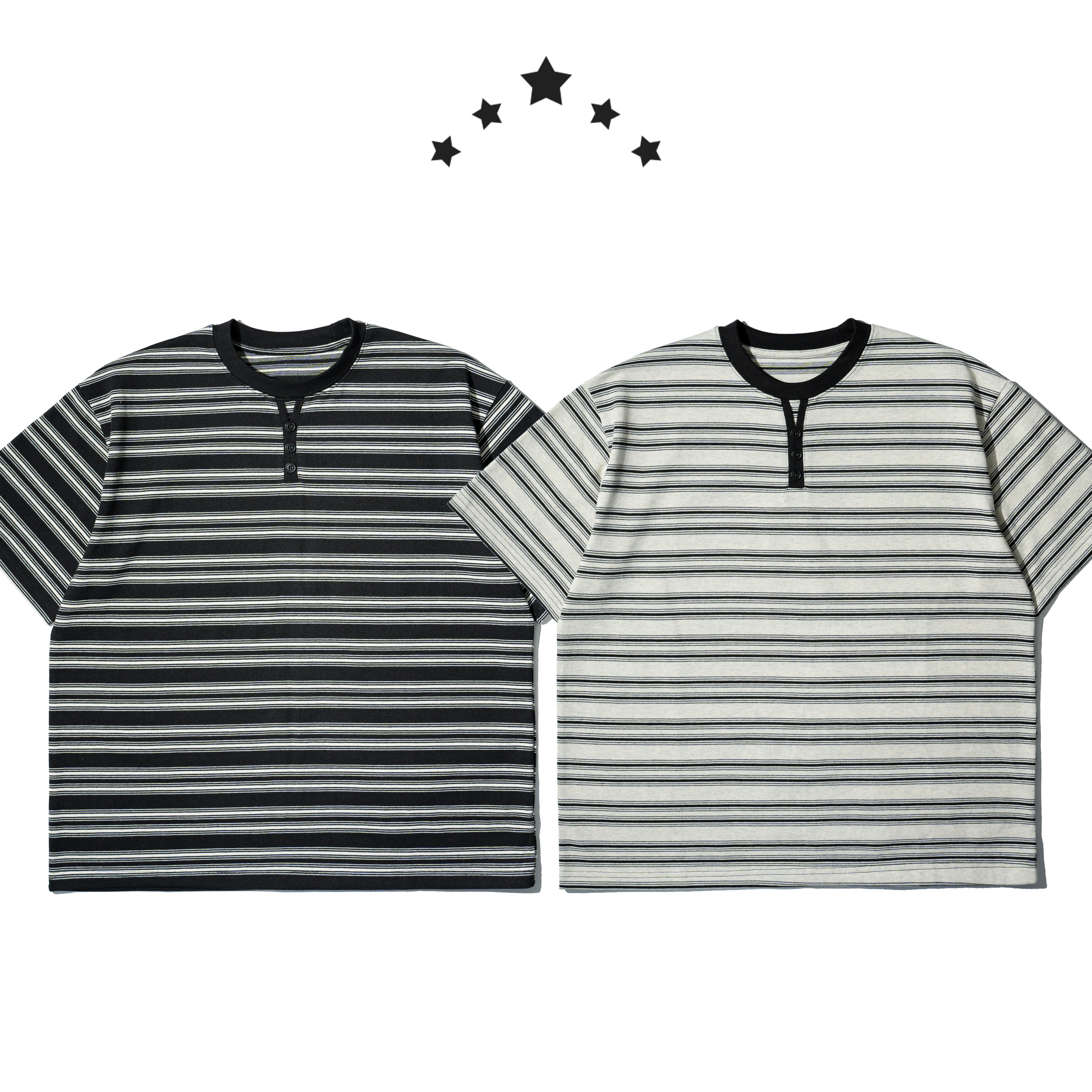 Faux Layered Henley Tee 假兩件 亨利領 條紋短袖Tee [O-T339]