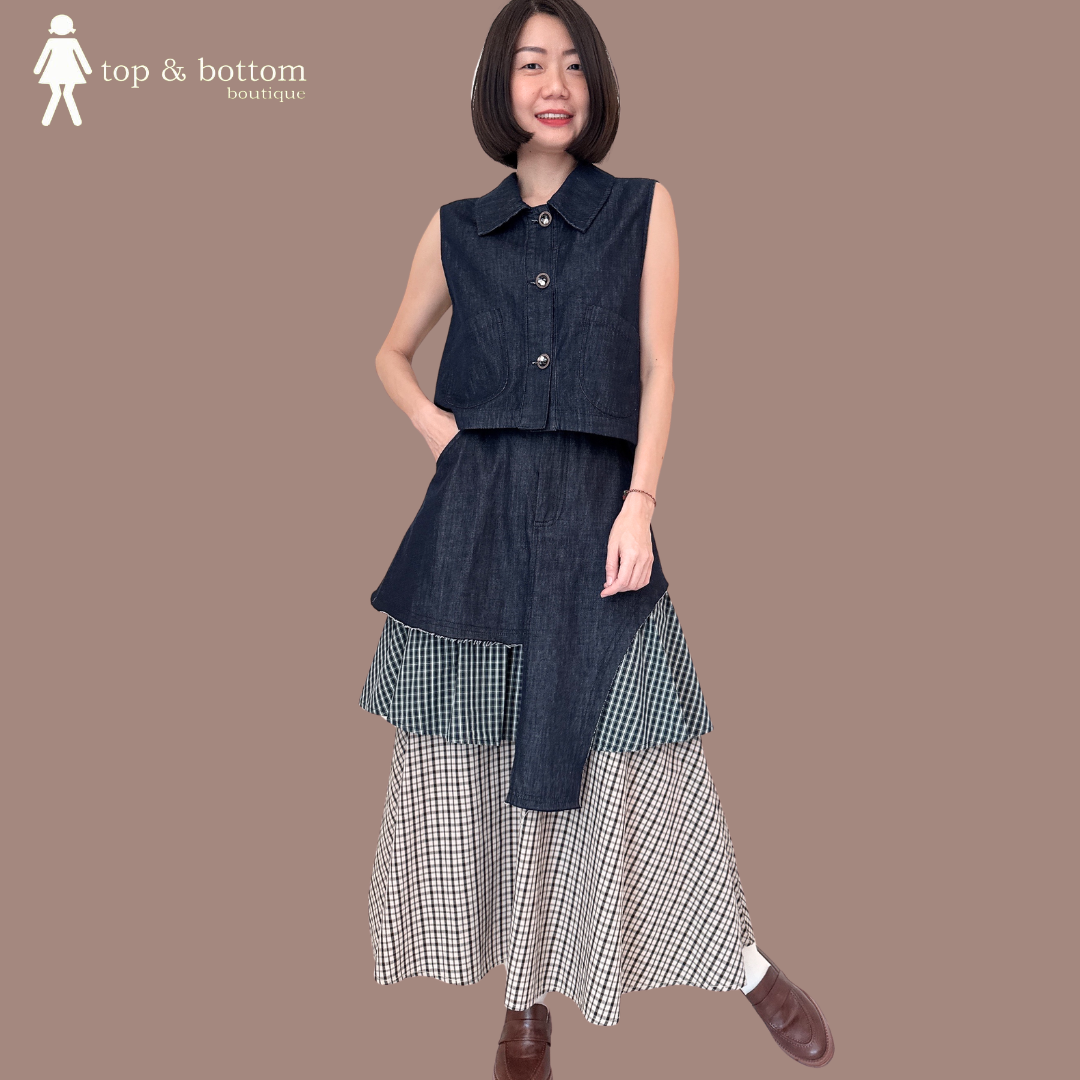 SOLID DENIM & CHECKED LAYERING SKIRT