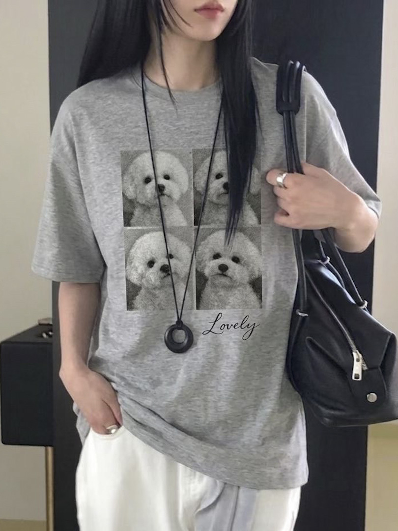 文青感可愛狗狗印花寬版棉T