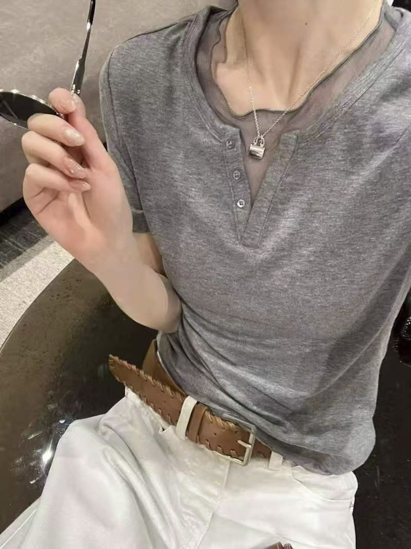 鎖骨顯瘦設計★輕透紗拼接短袖上衣