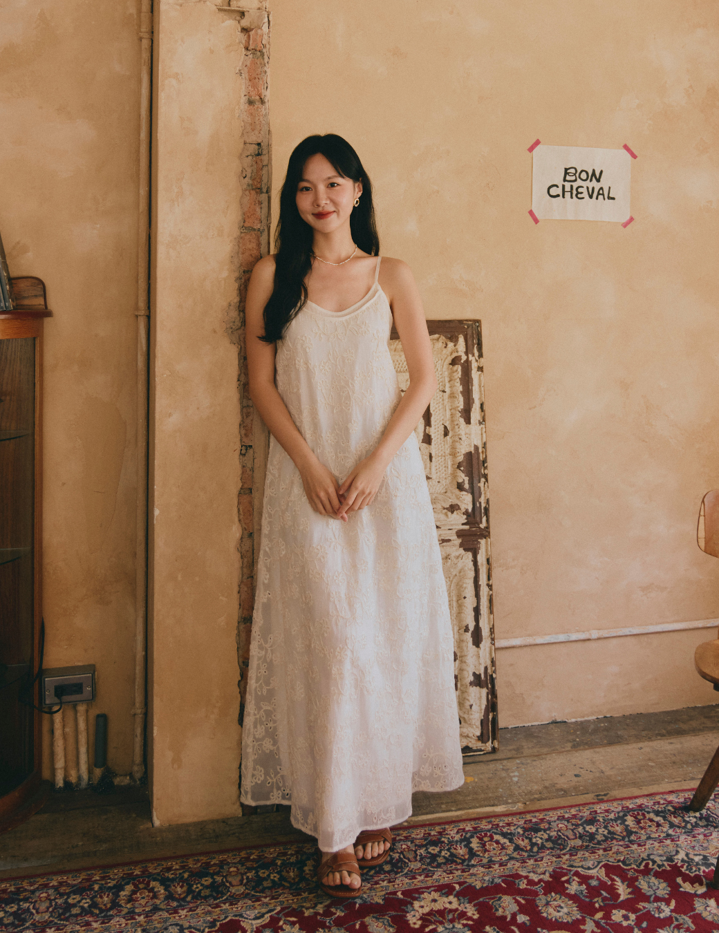 立體織紋雕花連身洋裝（杏色/4尺寸）