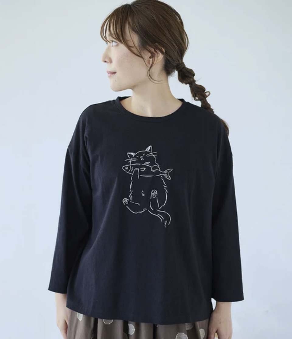 ｛預訂款｝貓咪刺繡八分袖棉質上衣（四色入）【日本直送】