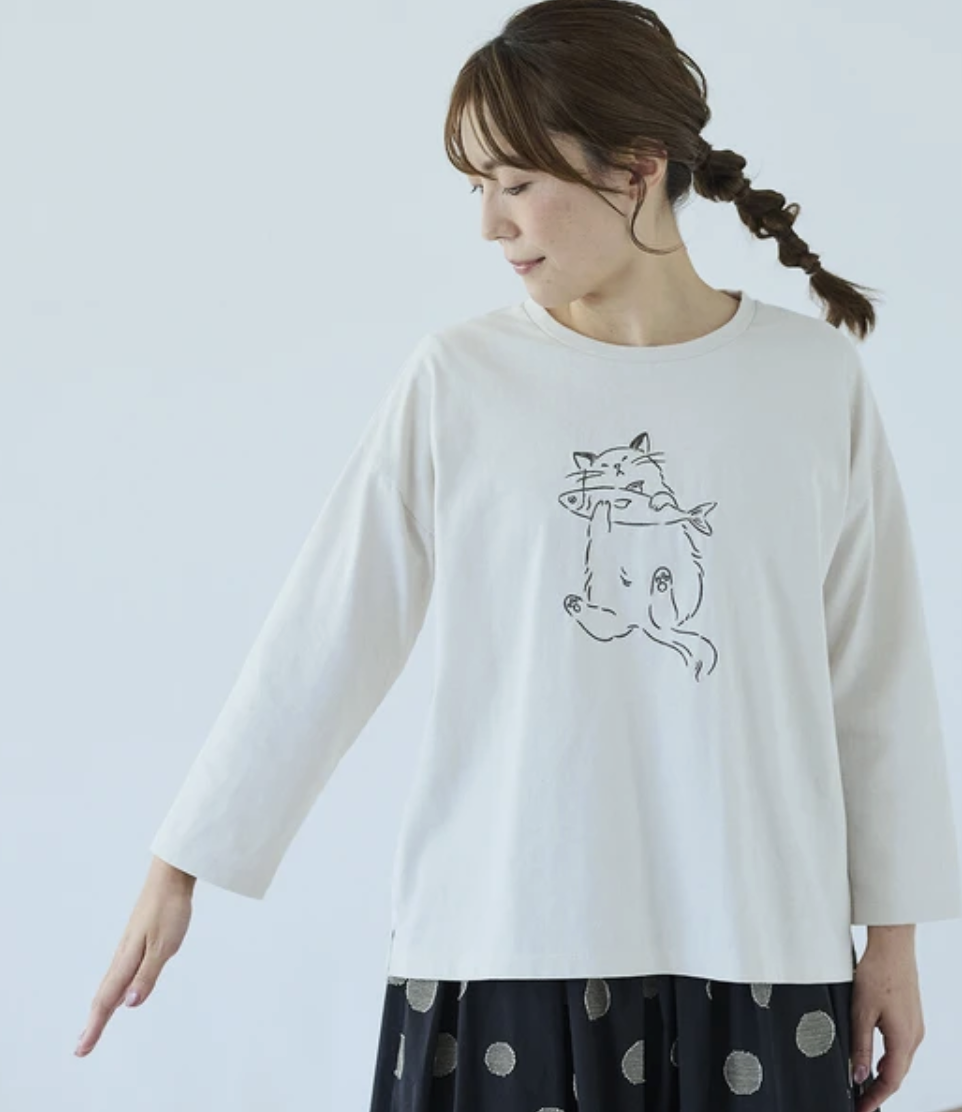 ｛預訂款｝貓咪刺繡八分袖棉質上衣（四色入）【日本直送】