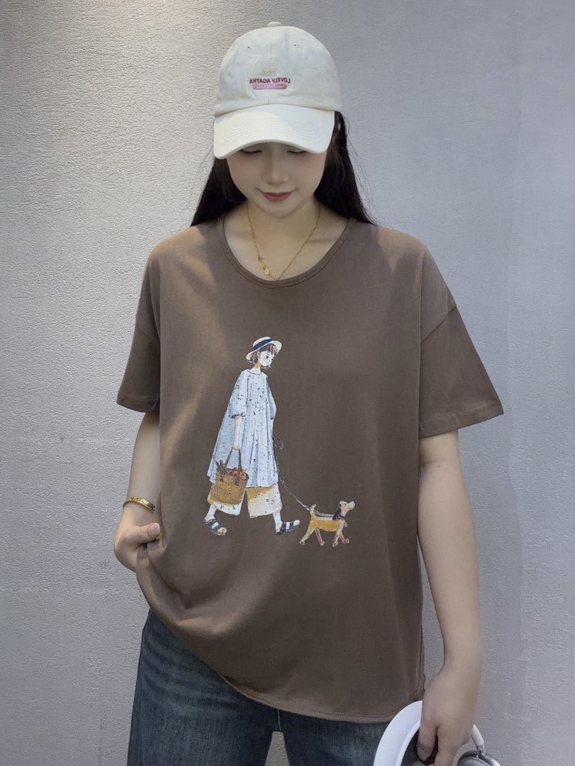 文青插畫女孩遛狗印花系列★大尺碼 涼感雪花棉T