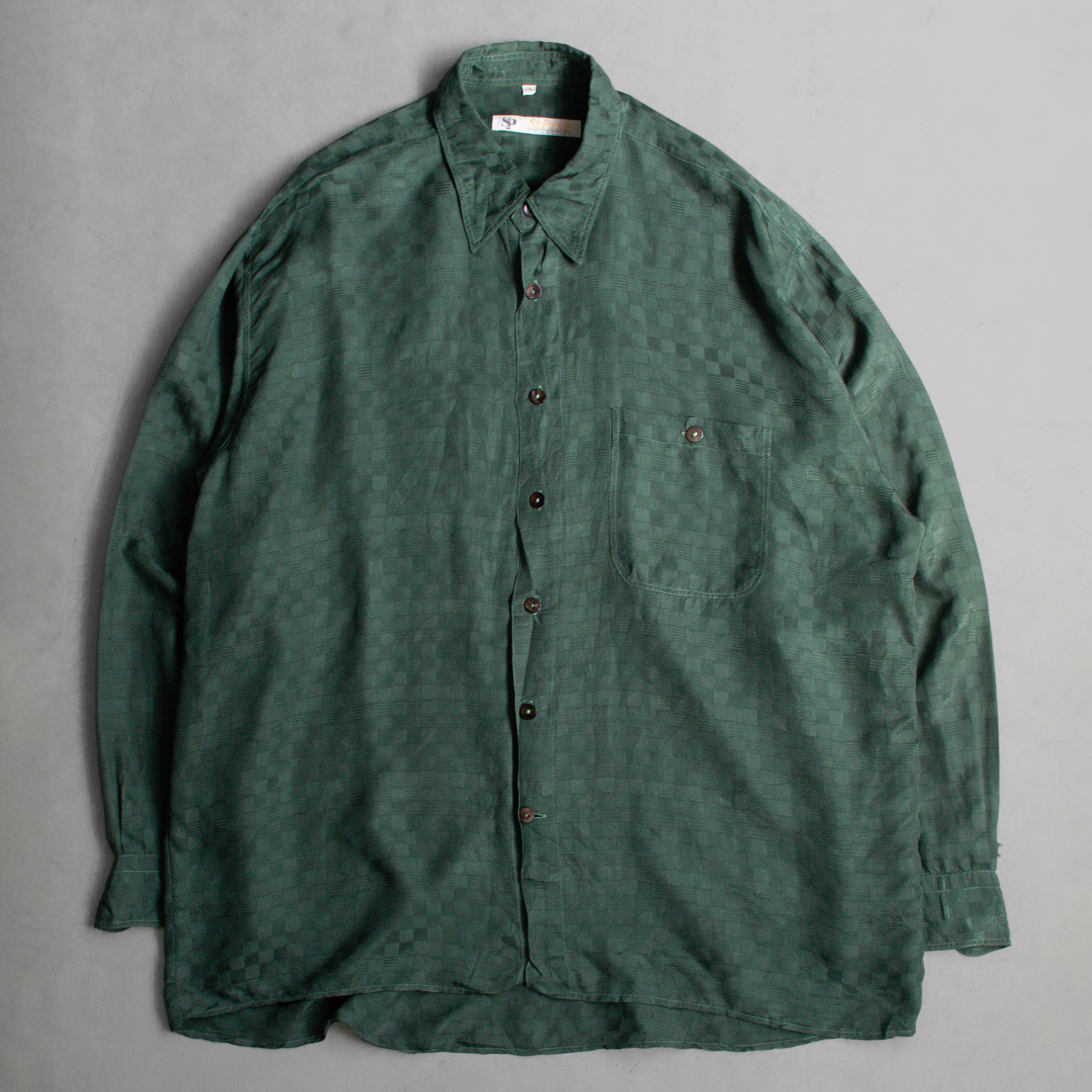 VINTAGE SILK SHIRT 墨綠 格紋 緞面 絲質 長袖 襯衫