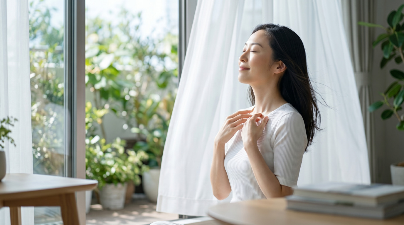 亞洲女性在窗邊深呼吸，展現鼻腔護理後的舒爽感與清新生活