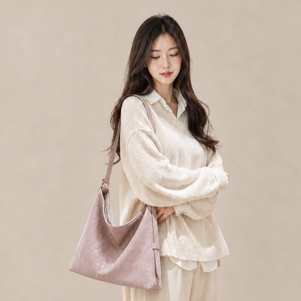 ANNA DOLLY 多層次收納揉皺慵懶側背包 粉杏