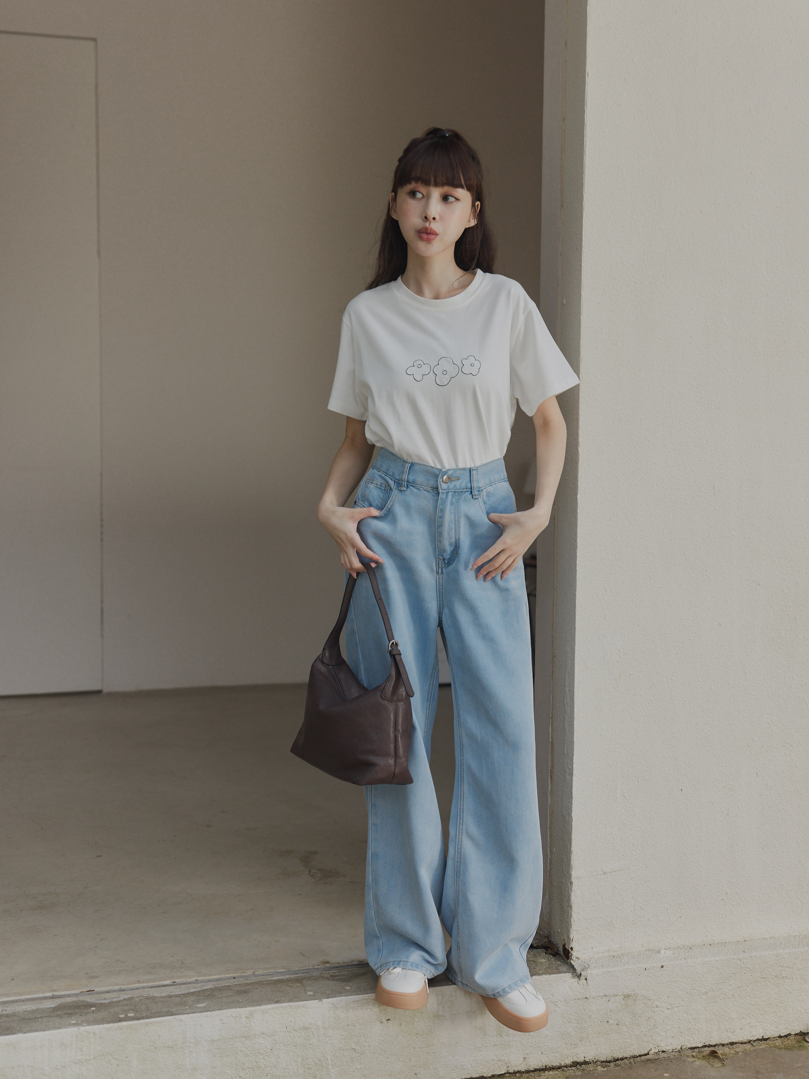クルーネック 小花柄 グラフィック ショートT