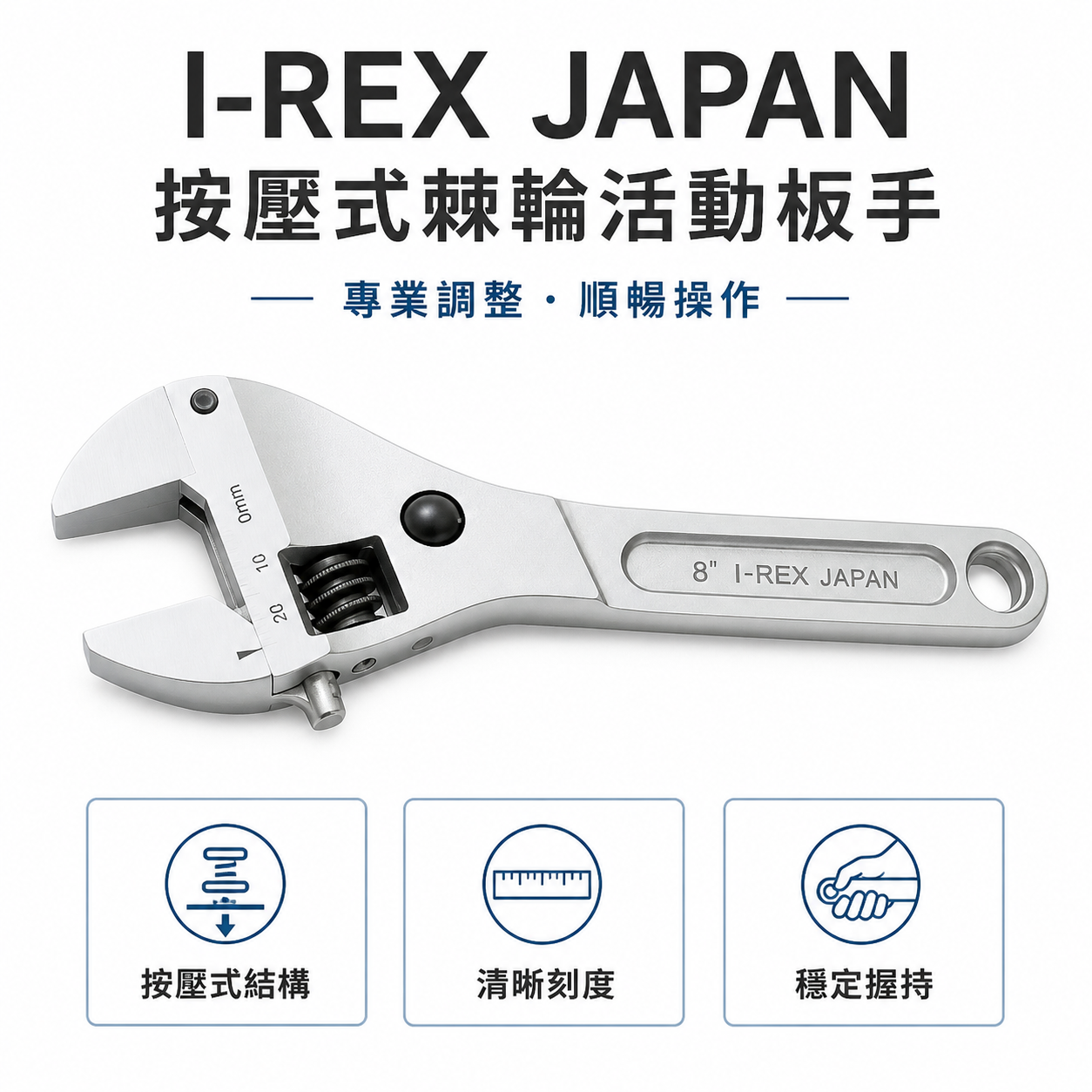 台灣製 T-REX｜T-REX｜按壓式棘輪活動板手｜8"棘輪板手 專利型棘輪活動板手 棘輪式開口板手 活動扳手｜台灣製｜裸裝特價