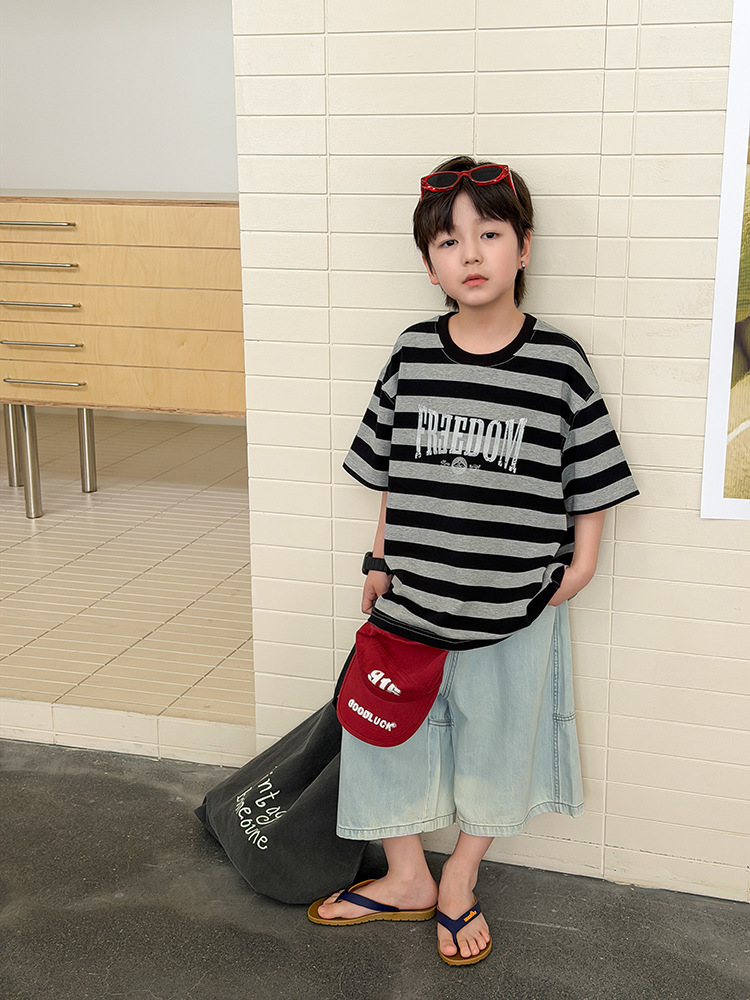 【H0772】韓版寬橫條紋字母棉質短袖上衣(100-170)