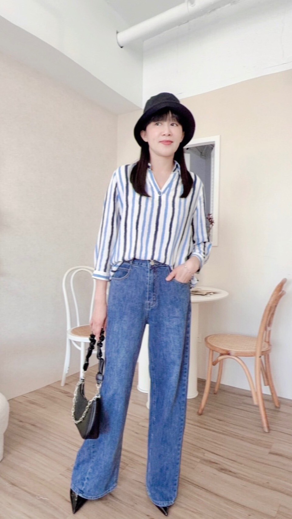 時尚個性剪裁修身闊腿牛仔長褲Y6221