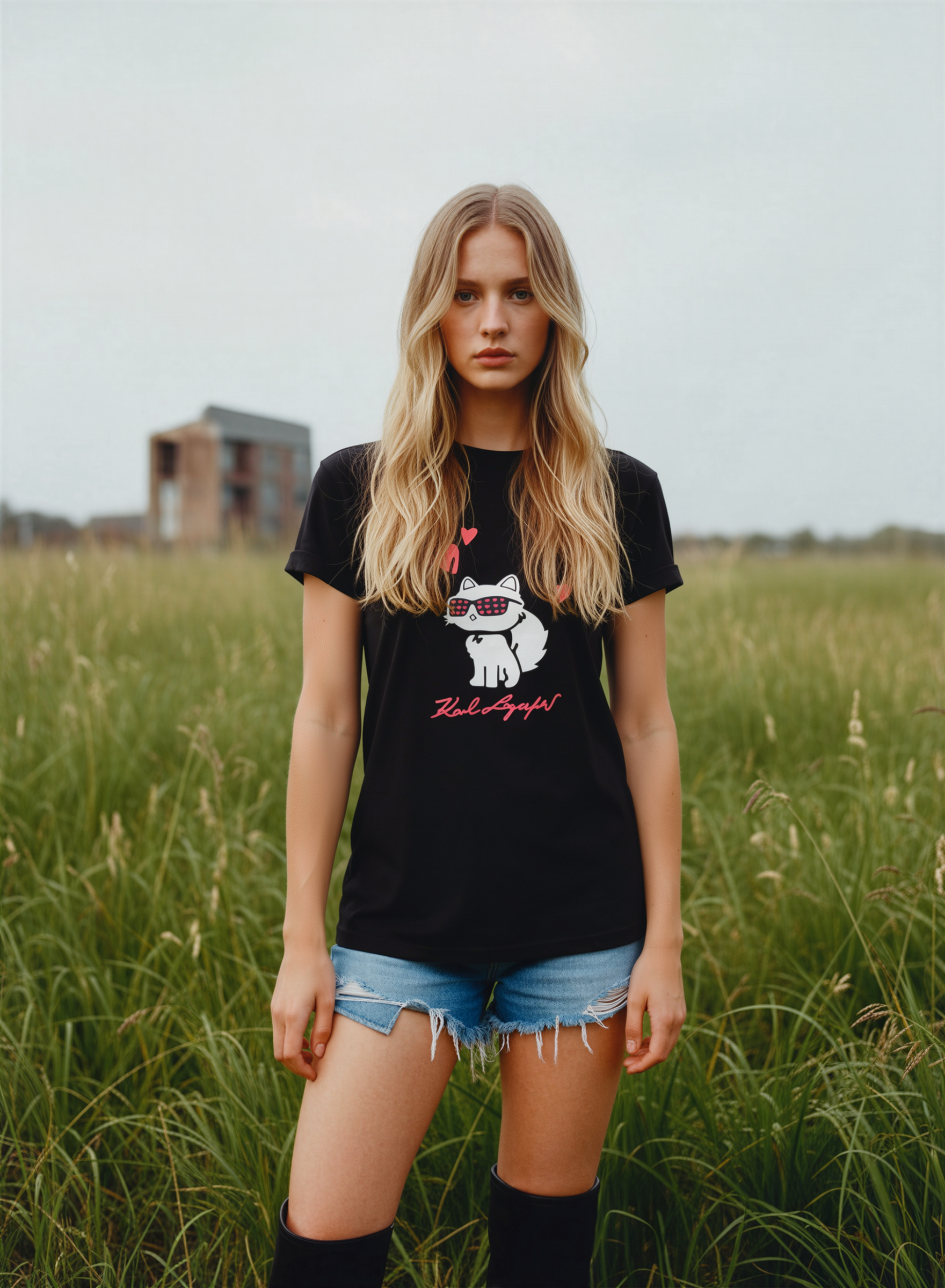 KARL 老佛爺 愛心貓 圖案 女款 Tee 黑色