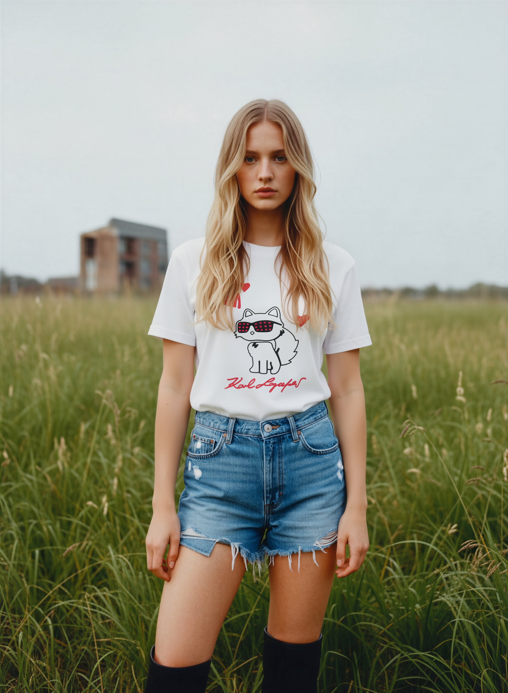 KARL 老佛爺 愛心貓 圖案 女款 Tee 白色