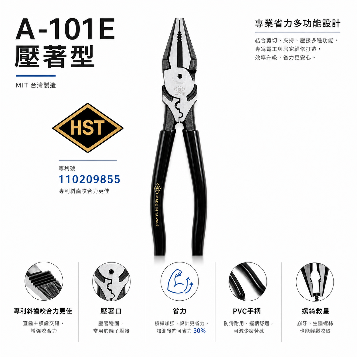 HST｜9吋省力螺絲鋼絲鉗 A-101E 端子壓著型｜台灣製造｜專利斜齒咬合｜鋼絲鉗｜老虎鉗｜電工鉗｜鐵絲剪