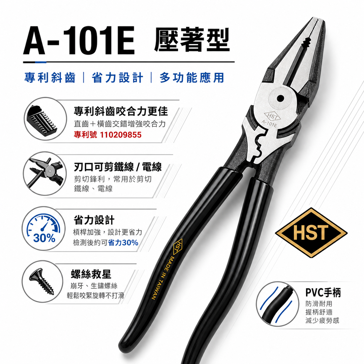 HST｜9吋省力螺絲鋼絲鉗 A-101E 端子壓著型｜台灣製造｜專利斜齒咬合｜鋼絲鉗｜老虎鉗｜電工鉗｜鐵絲剪