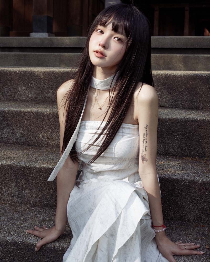 LINA LINA著迷性格暈染上衣長裙兩件組附繞帶-淺花灰