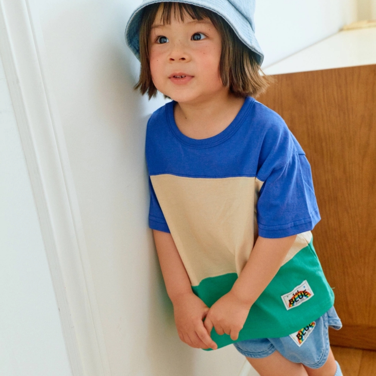 正韓夏1stblue 兩色山系感拼色上衣