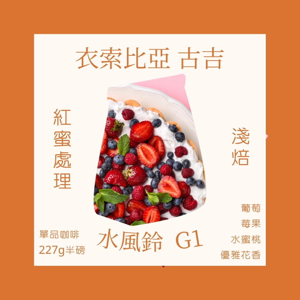 淺焙｜衣索比亞 古吉 水風鈴 G1 紅蜜處理法 咖啡豆 半磅(227g±5g)｜暖窩咖啡