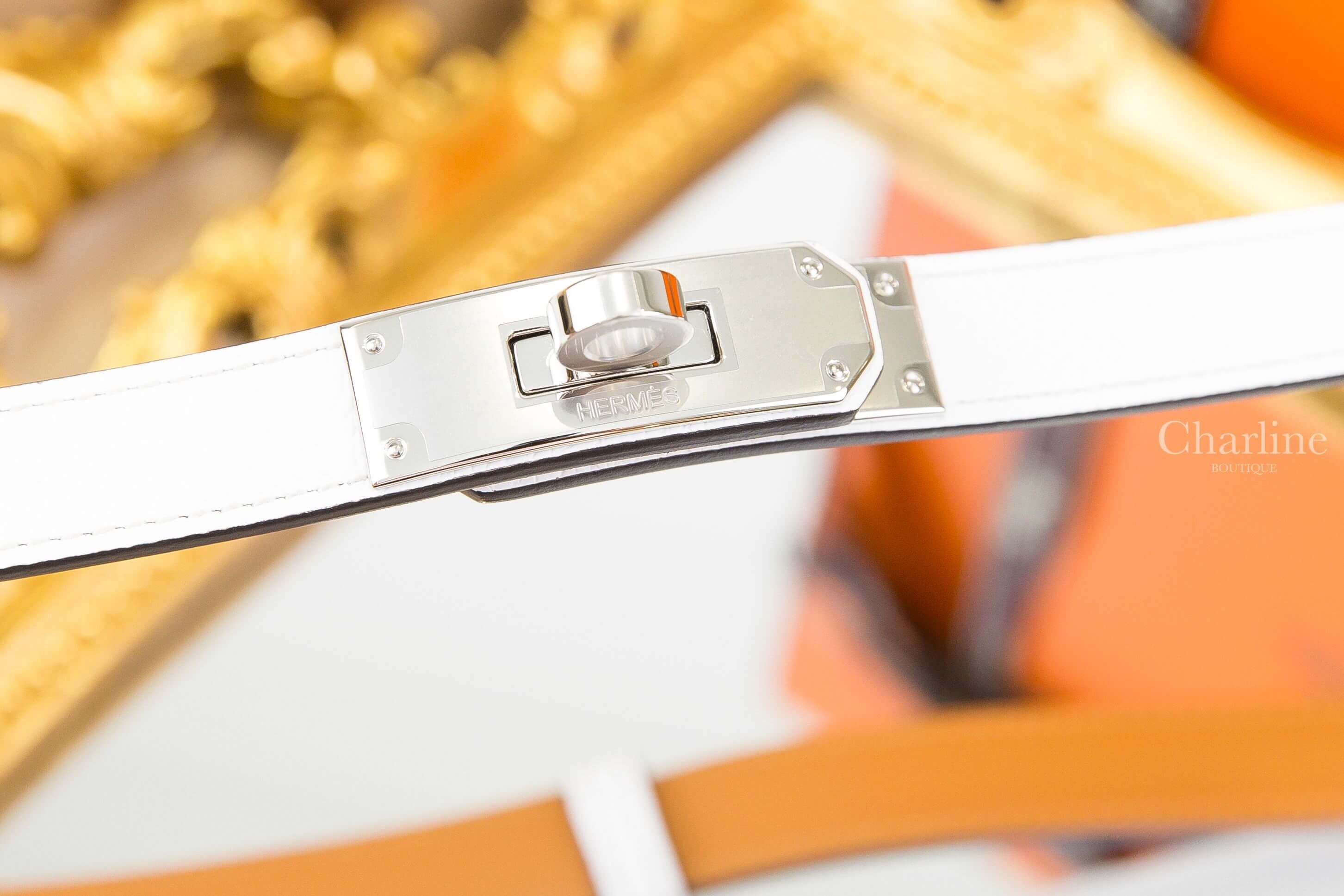 Hermès Kelly 18 Belt 白色小牛皮銀扣可調式皮帶