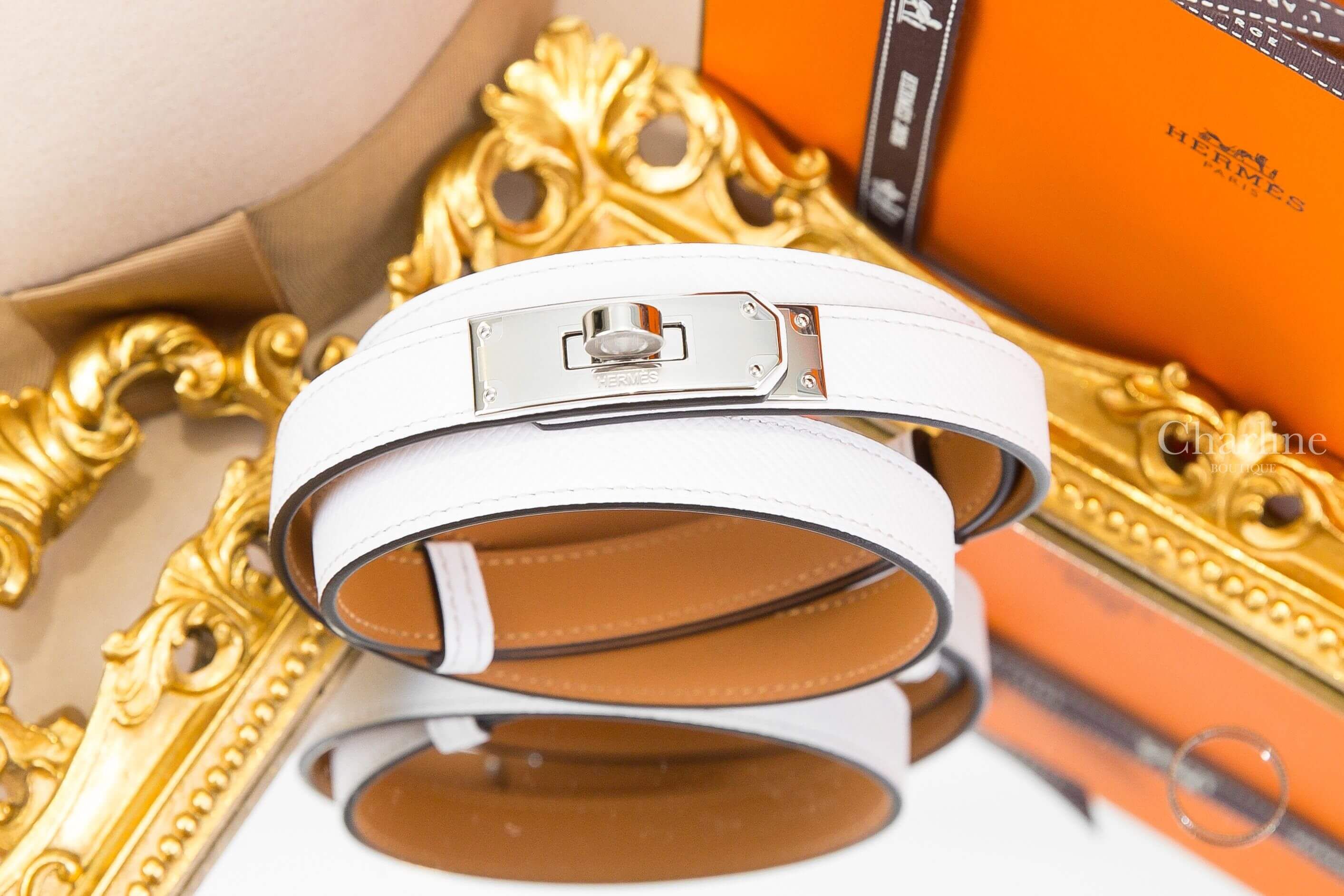 Hermès Kelly 18 Belt 白色小牛皮銀扣可調式皮帶