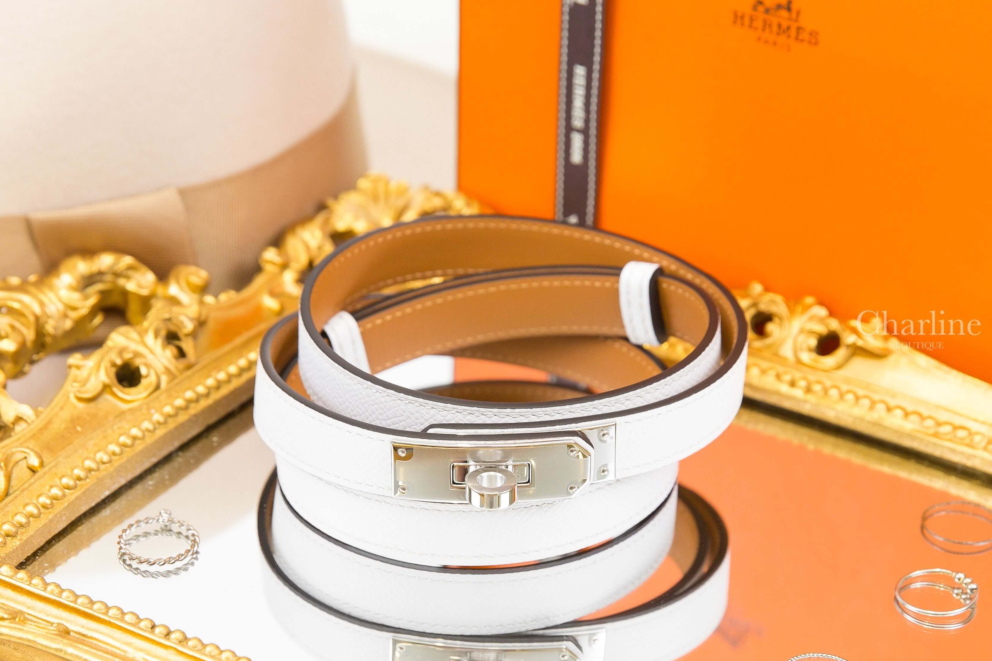 Hermès Kelly 18 Belt 白色小牛皮銀扣可調式皮帶-Charline Boutique 精品代購