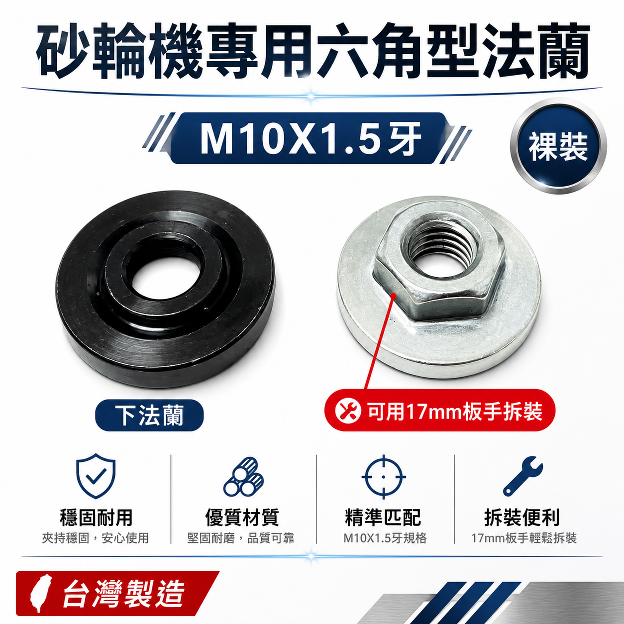 巨匠｜4" M10牙砂輪機專用六角型法蘭 上法蘭 下法蘭 不鏽鋼六角螺母 壓片 華司 螺帽 17mm｜台灣製