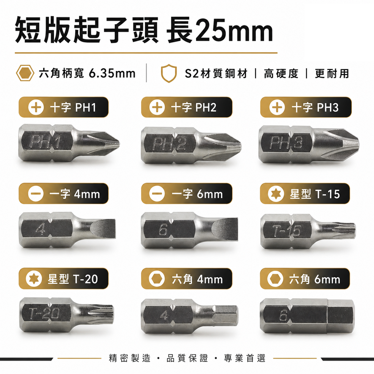 25mm 短版起子頭｜十字PH1 PH2 PH3 一字4mm 6mm 星型T15 T20 六角4mm 6mm