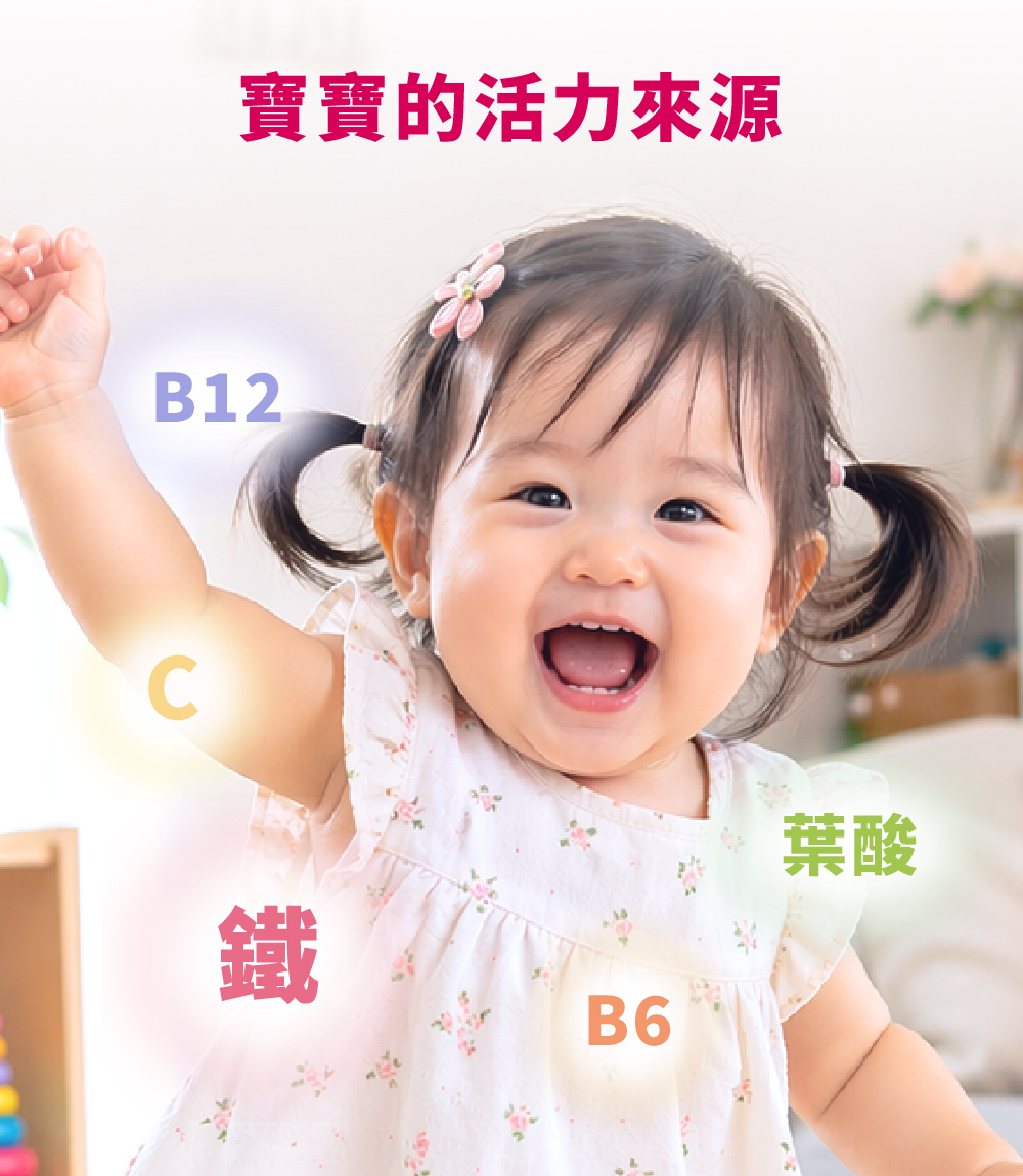 寶寶活力來源包含鐵、B6、B12、C、葉酸