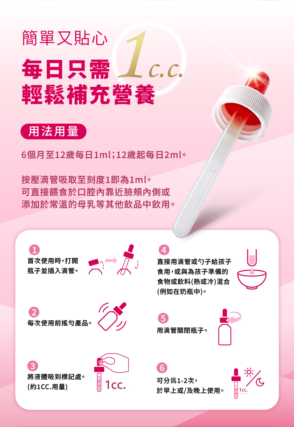每日1c.c.輕鬆補充營養，6個月-12個月 1c.c.；12個月起 2c.c.