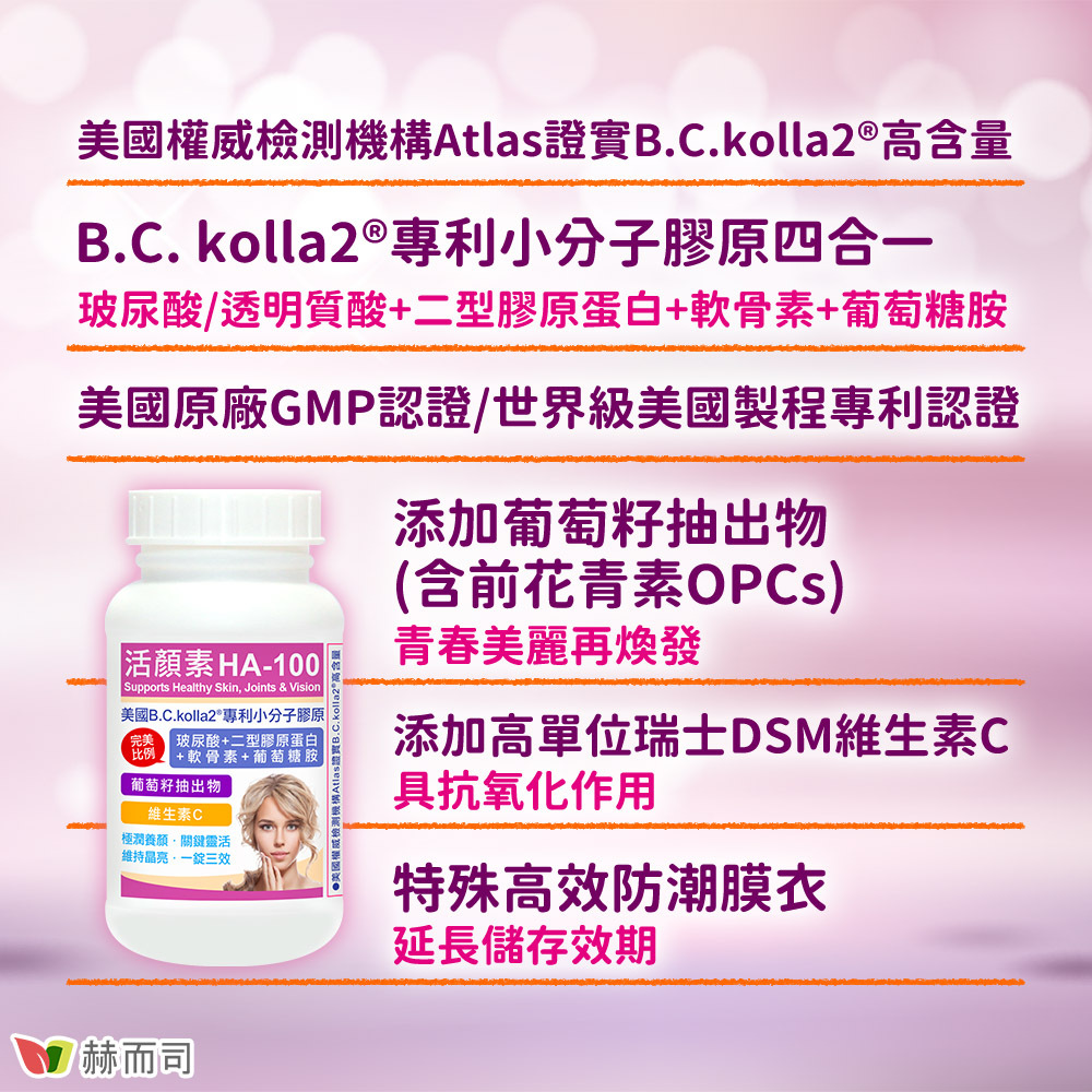 美國權威檢測機構Atlas證實B.C.kolla2®高含量！B.C.kolla2®專利小分子膠原四合一：玻尿酸透明質酸+二型膠原蛋白+軟骨素+葡萄糖胺！美國原廠GMP認證/世界級美國製程專利認證！添加葡萄籽抽出物(含前花青素OPCs)，青春美麗再煥發！添加高單位瑞士DSM維生素C，具抗氧化作用！特殊高效防潮膜衣，延長儲存效期！