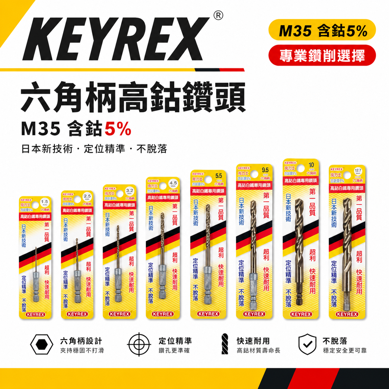 KEYREX 克力士｜M35 六角高鈷鑽頭｜HSS 六角軸 金屬專用鑽尾｜六角柄高硬度鑽尾｜台灣製｜定位精準
