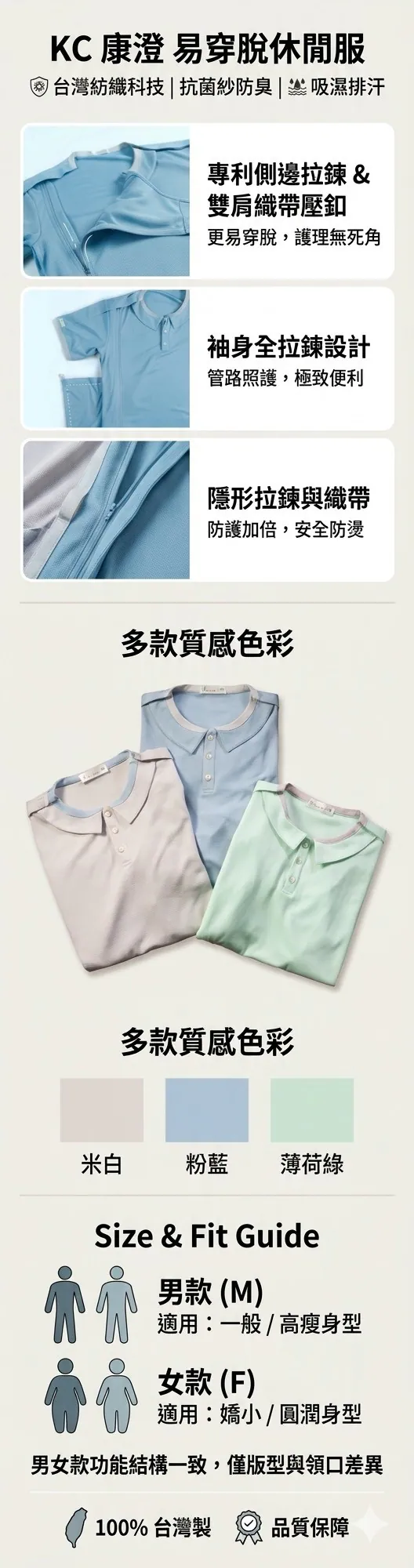 KC康澄易穿脫休閒服，側邊拉鍊、全拉鍊設計、米白粉藍薄荷綠與尺寸說明