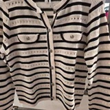 [S] DKNY IVORY/BLACK POINTELLE STRIPED CARDIGAN, DJ6R0235-IVK (SD1893)