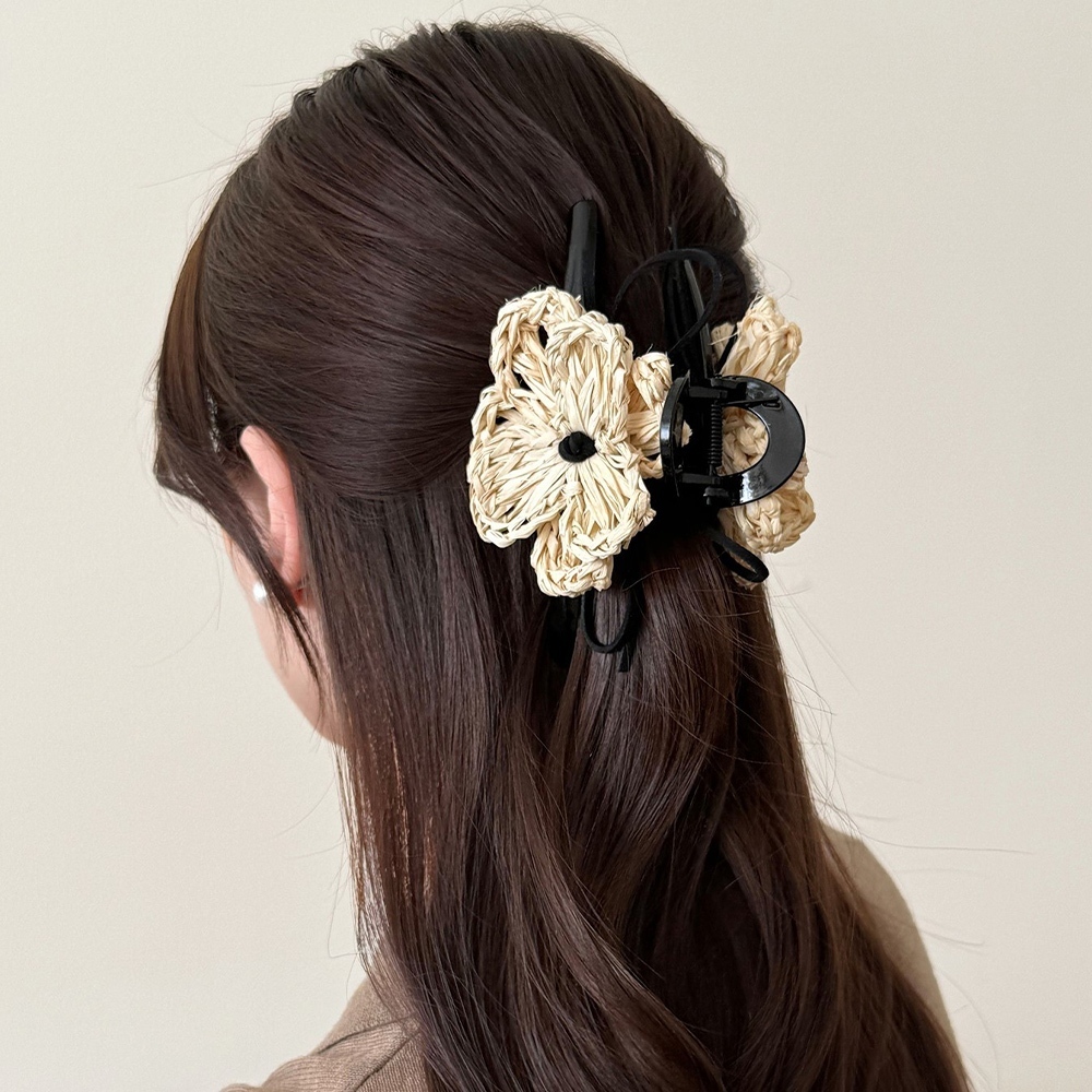 鯊魚夾 髮飾 花朵鯊魚夾 草編花朵鯊魚夾 女生髮飾 抓夾 度假風 髮夾 盤髮神器 大抓夾 穿搭配件 後腦杓抓夾 330